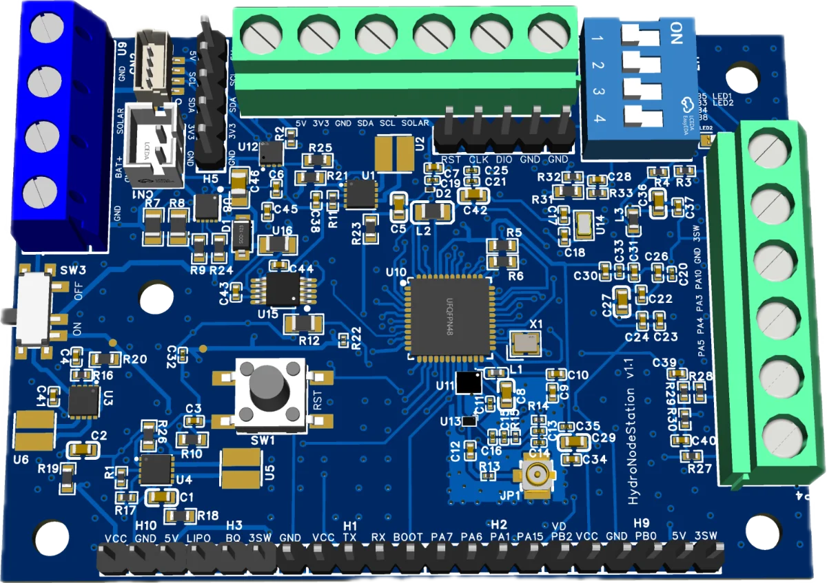 3D render of the HydroNodeStation board with STM32WLE5, screw terminals and antenna connector