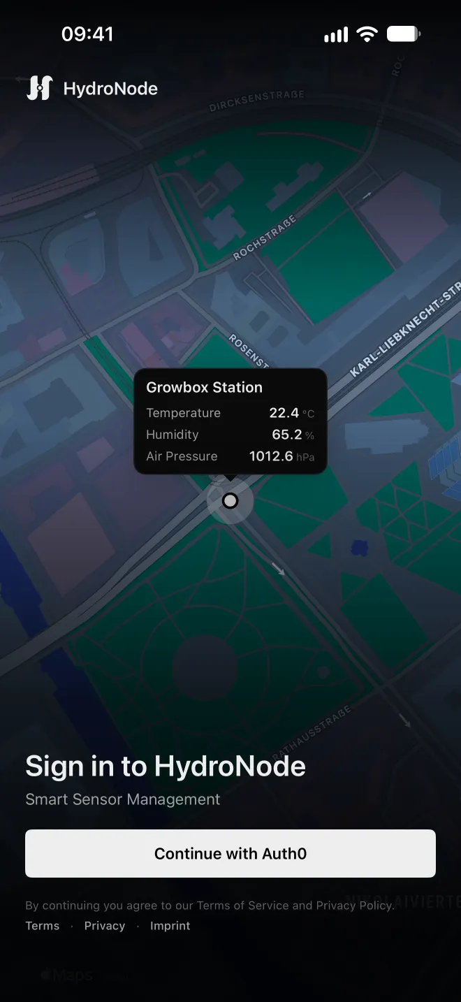 Sign-in screen of the HydroNode app over a map with a station and its readings