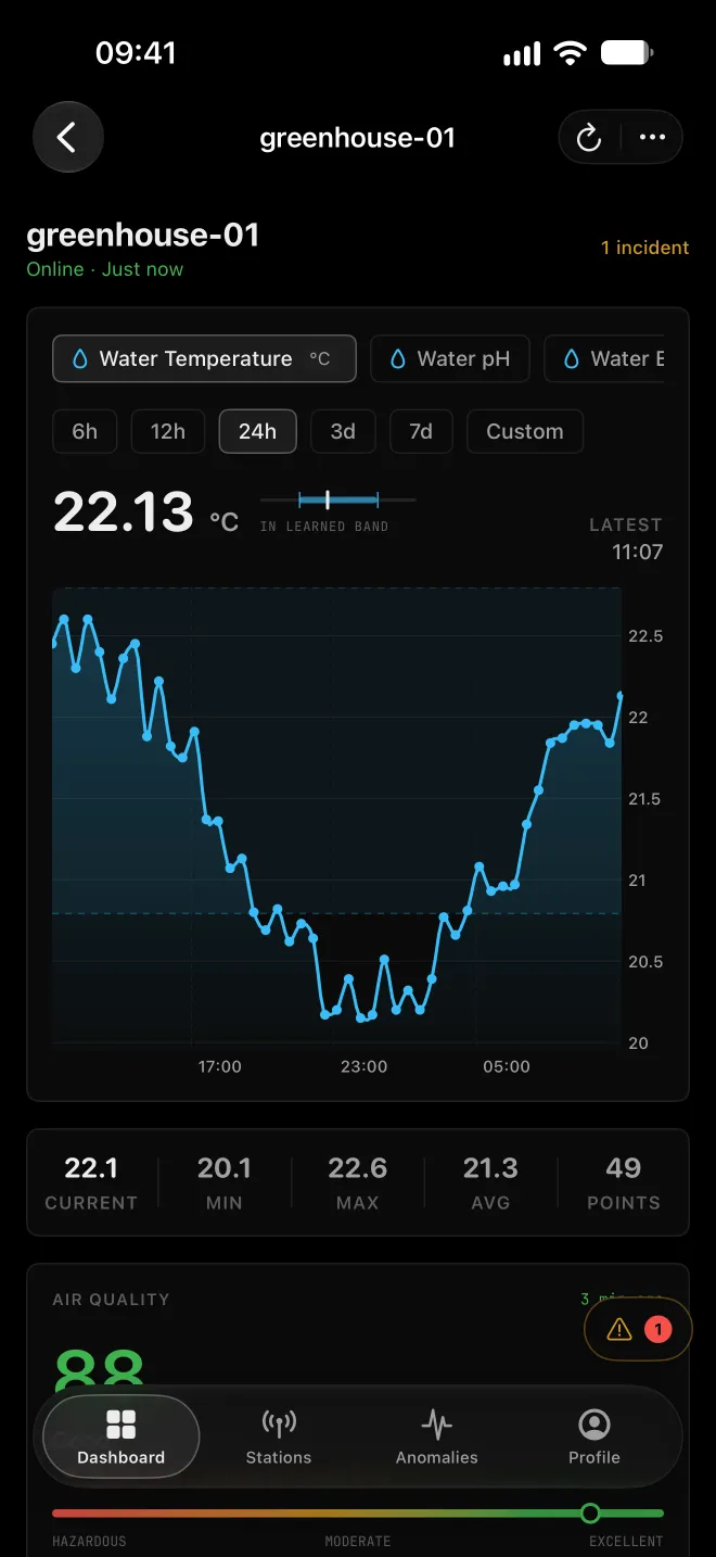 Water temperature of one sensor over 24 hours with minimum, maximum and average