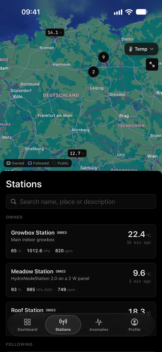 Map of Germany with stations and a list of owned stations below