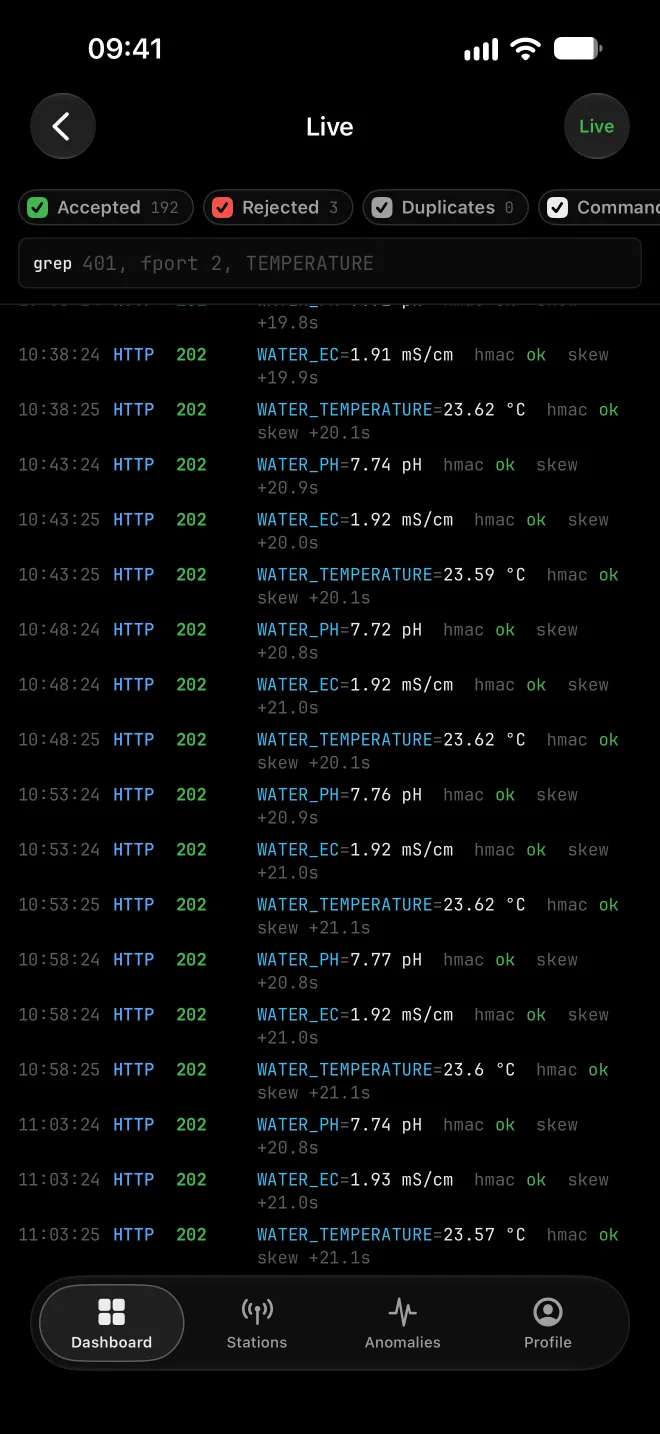 Live console with incoming signed readings from a device