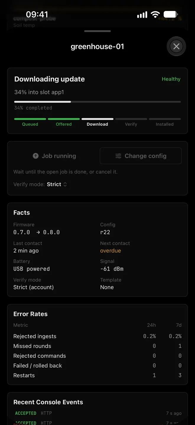 Firmware update over the air in progress with progress and device details