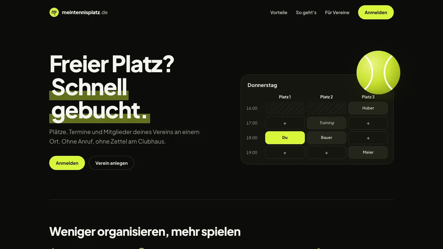 Startseite von meintennisplatz.de mit dem Buchungsplan eines Donnerstags