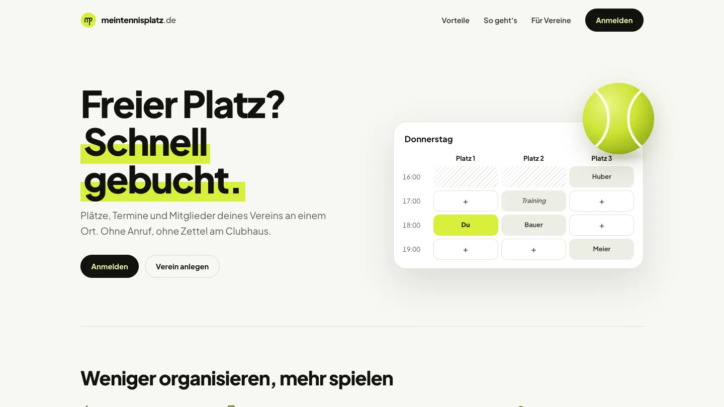 Startseite von meintennisplatz.de mit dem Buchungsplan eines Donnerstags